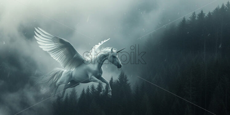 A pegasus flying over a forest - Starpik Stock