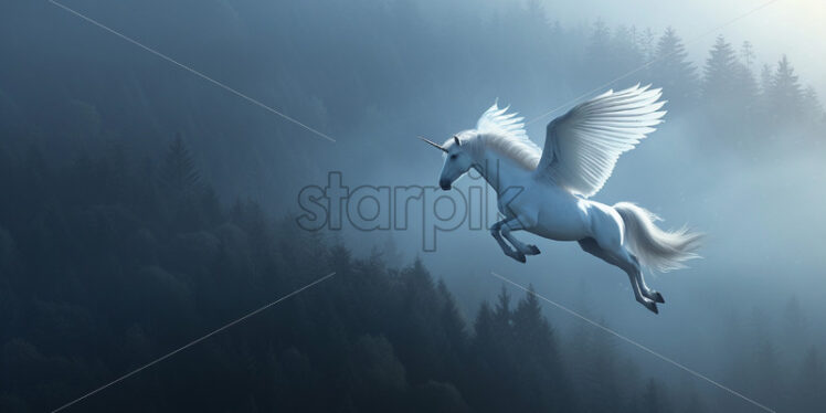 A pegasus flying over a forest - Starpik Stock