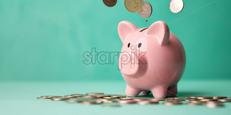 A piggy bank and falling money, on a green background - Starpik Stock