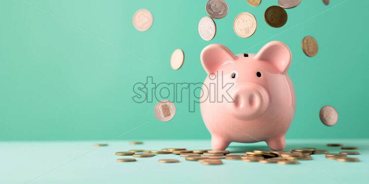 A piggy bank and falling money, on a green background - Starpik Stock