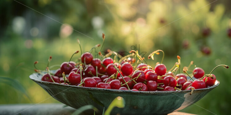 A plate of cherries in the garden - Starpik Stock