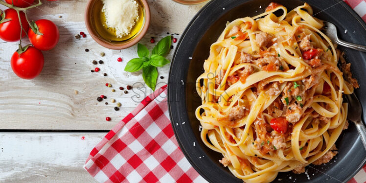 A plate of delicious pasta with tuna and tomato sauce - Starpik Stock