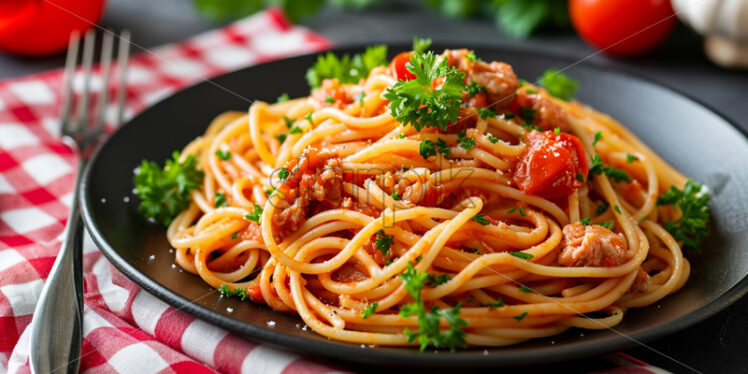 A plate of delicious pasta with tuna and tomato sauce - Starpik Stock