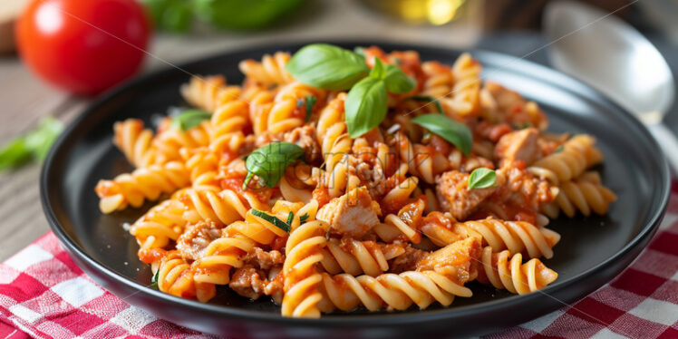 A plate of delicious pasta with tuna and tomato sauce - Starpik Stock