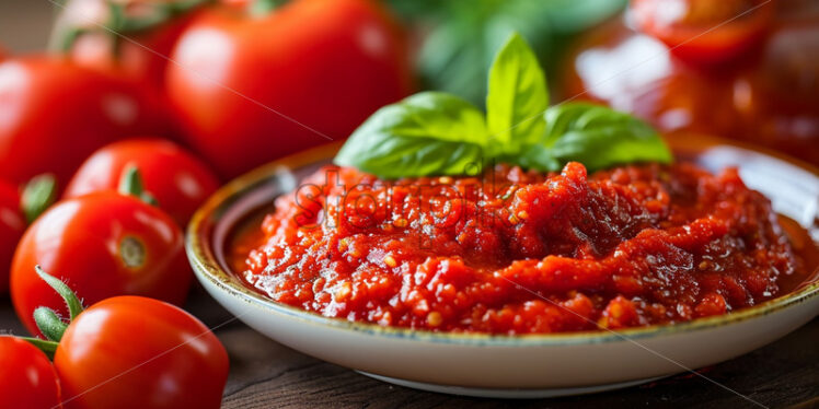 A plate with fresh tomato sauce, and tomatoes - Starpik Stock