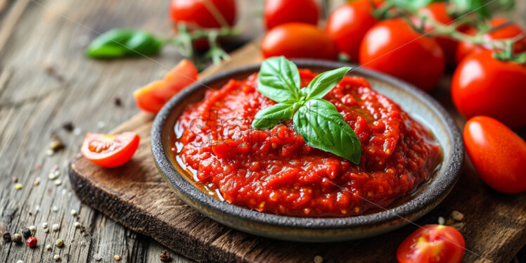 A plate with fresh tomato sauce, and tomatoes - Starpik Stock