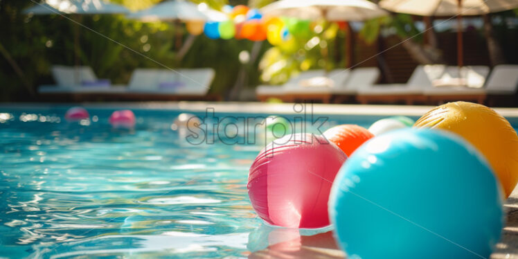 A pool party at a beach resort with a sandy area, beach balls, and beach-themed decor - Starpik Stock