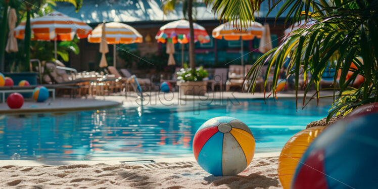 A pool party at a beach resort with a sandy area, beach balls, and beach-themed decor - Starpik Stock