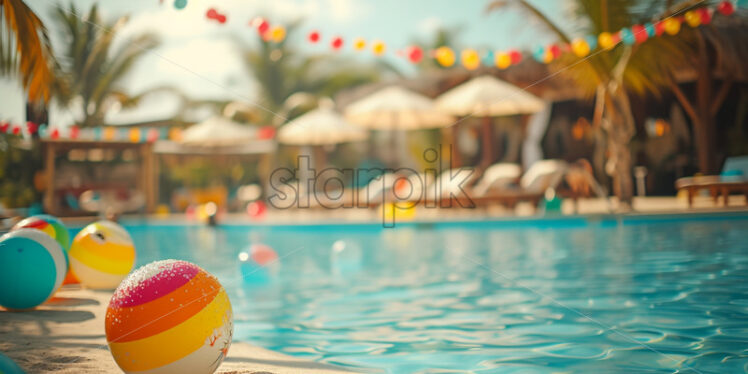 A pool party at a beach resort with a sandy area, beach balls, and beach-themed decor - Starpik Stock