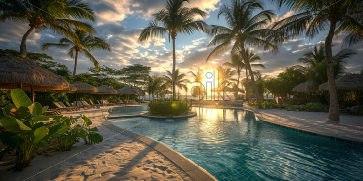 A pool party in a tropical paradise, surrounded by palm trees, sand, and a laid-back island atmosphere - Starpik Stock