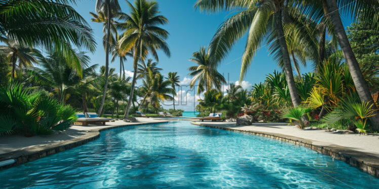 A pool party in a tropical paradise, surrounded by palm trees, sand, and a laid-back island atmosphere - Starpik Stock