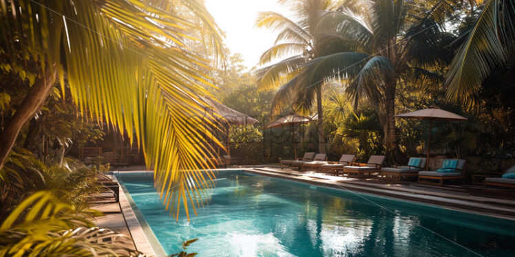 A pool party in a tropical paradise, surrounded by palm trees, sand, and a laid-back island atmosphere - Starpik Stock