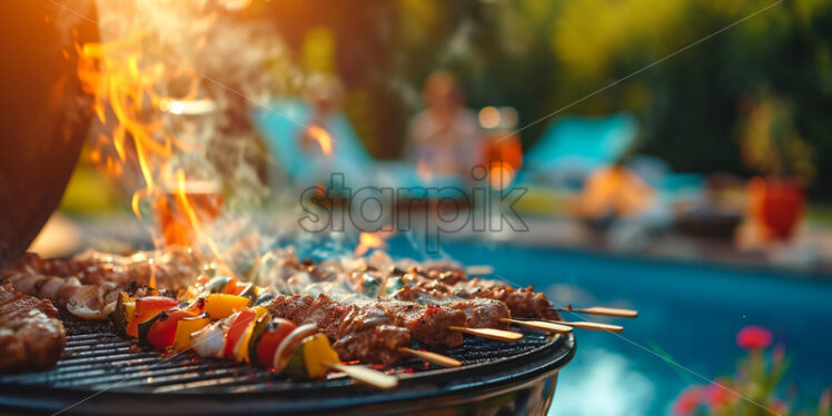 A poolside barbecue party with sizzling grills, delicious aromas, and casual summer vibes - Starpik Stock