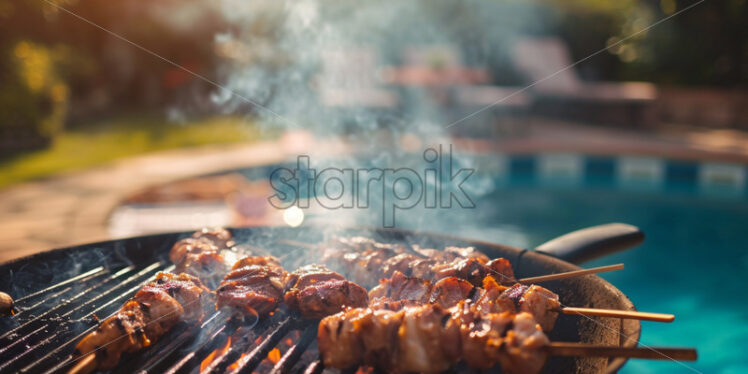 A poolside barbecue party with sizzling grills, delicious aromas, and casual summer vibes - Starpik Stock