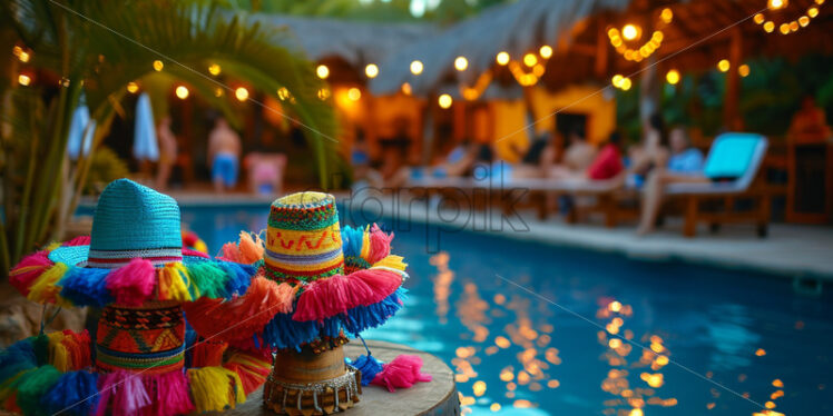 A poolside fiesta with a Mexican theme, featuring piñatas, sombreros, and a salsa dance floor - Starpik Stock