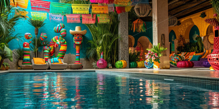 A poolside fiesta with a Mexican theme, featuring piñatas, sombreros, and a salsa dance floor - Starpik Stock