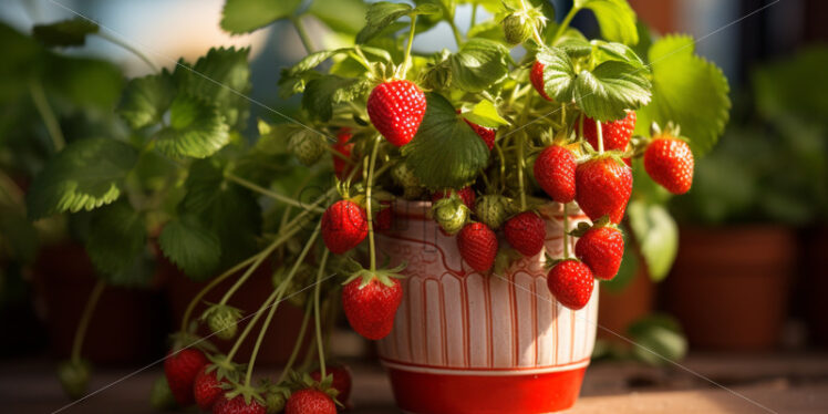 A pot with strawberry plants. Agriculture at home - Starpik Stock