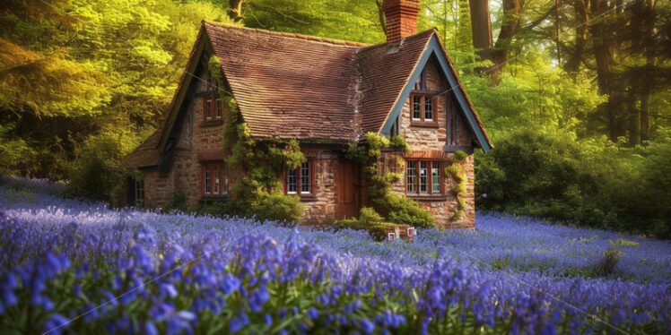 A quaint cottage surrounded by a sea of bluebells, creating a picture-perfect scene - Starpik Stock