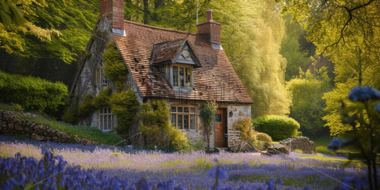 A quaint cottage surrounded by a sea of bluebells, creating a picture-perfect scene - Starpik Stock