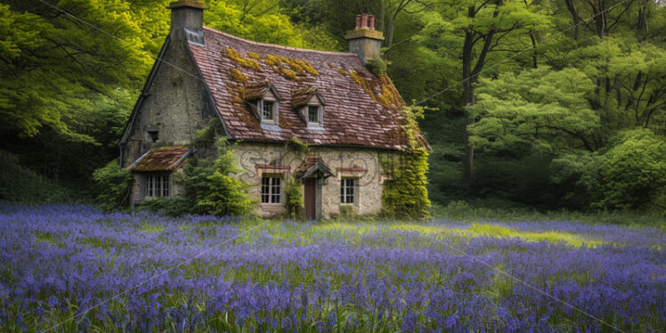 A quaint cottage surrounded by a sea of bluebells, creating a picture-perfect scene - Starpik Stock