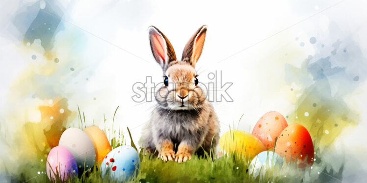 A rabbit with eggs painted on the grass in watercolor clipart style - Starpik Stock