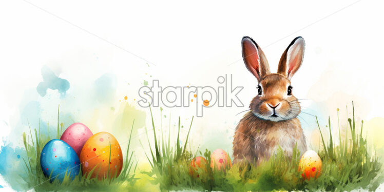 A rabbit with eggs painted on the grass in watercolor clipart style - Starpik Stock