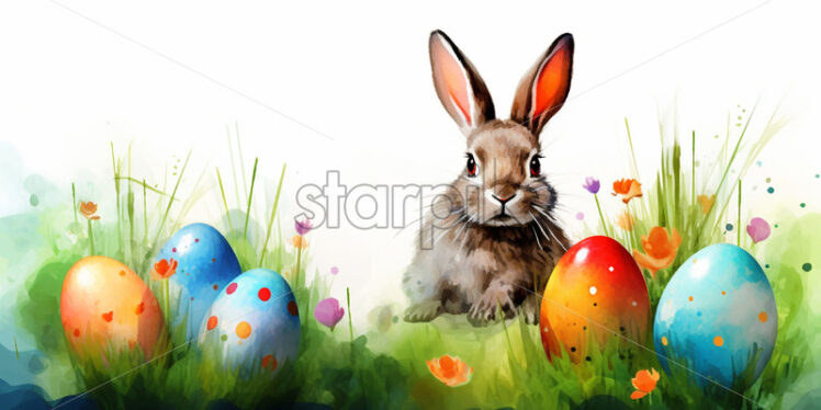 A rabbit with eggs painted on the grass in watercolor clipart style - Starpik Stock