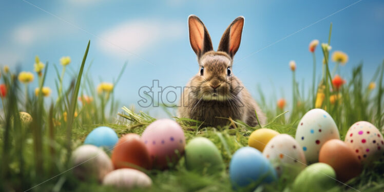 A rabbit with painted eggs on the grass - Starpik Stock