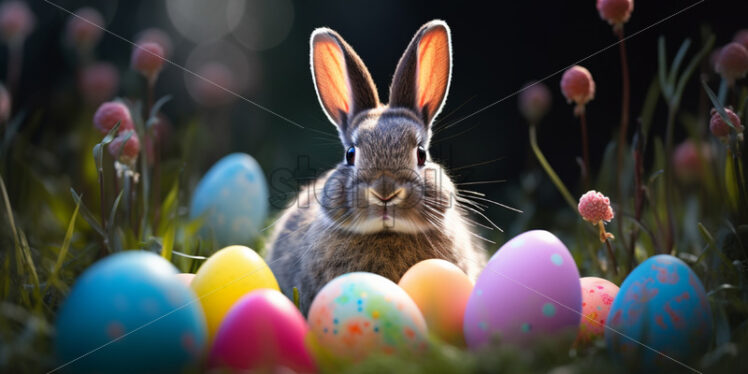 A rabbit with painted eggs on the grass - Starpik Stock