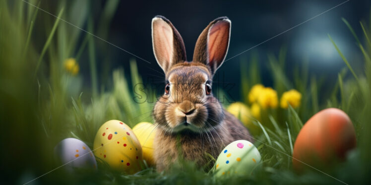 A rabbit with painted eggs on the grass - Starpik Stock