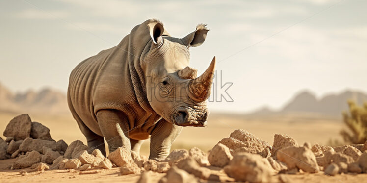 A rhinoceros among stones on a plain - Starpik Stock