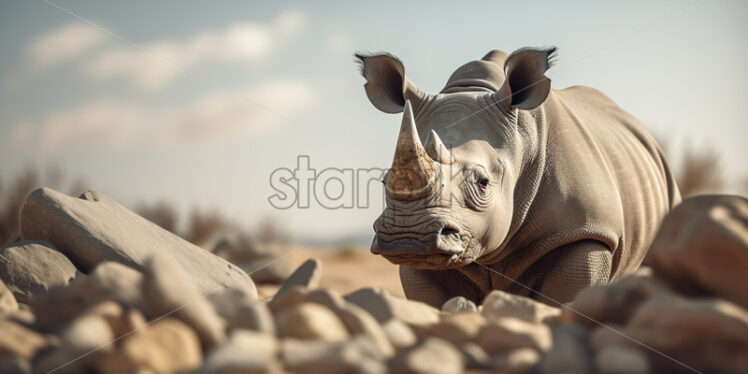 A rhinoceros among stones on a plain - Starpik Stock