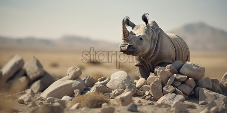 A rhinoceros among stones on a plain - Starpik Stock