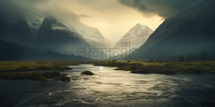 A river on the background of a mountainous landscape - Starpik Stock