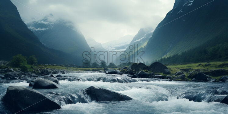 A river on the background of a mountainous landscape - Starpik Stock