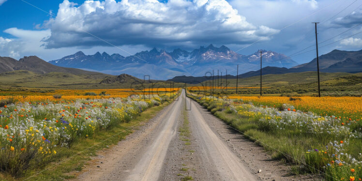 A road on a plain with flowers towards the mountains - Starpik Stock