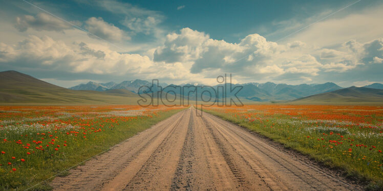 A road on a plain with flowers towards the mountains - Starpik Stock