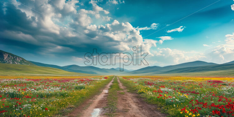 A road on a plain with flowers towards the mountains - Starpik Stock