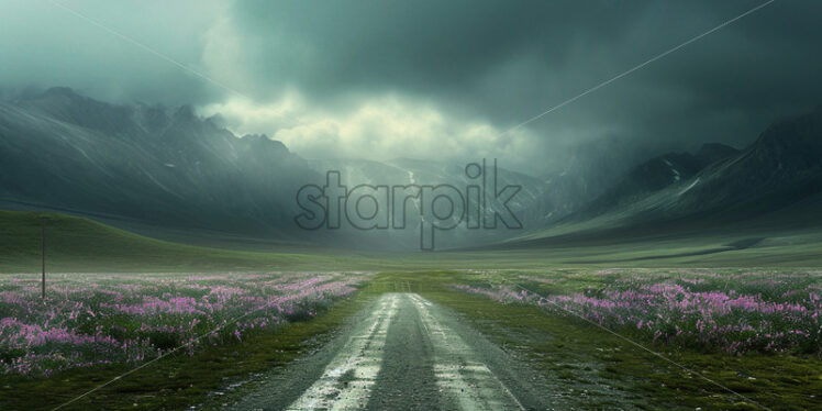 A road on a plain with flowers towards the mountains - Starpik Stock