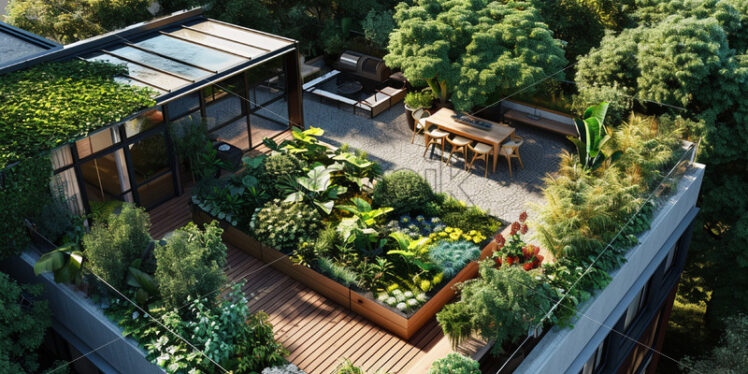 A roof terrace in the city, with lots of vegetation - Starpik Stock