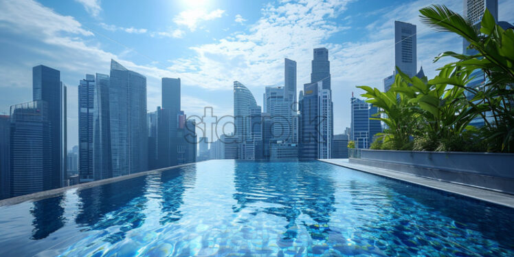 A rooftop pool in a bustling city setting, with skyscrapers towering in the background - Starpik Stock