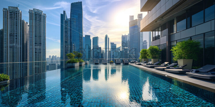 A rooftop pool in a bustling city setting, with skyscrapers towering in the background - Starpik Stock