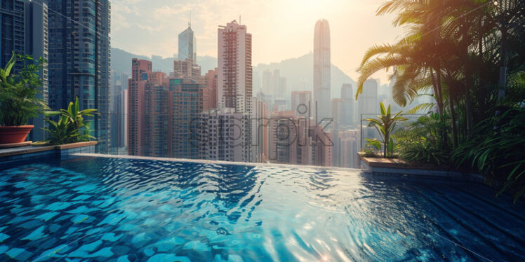 A rooftop pool in a bustling city setting, with skyscrapers towering in the background - Starpik Stock