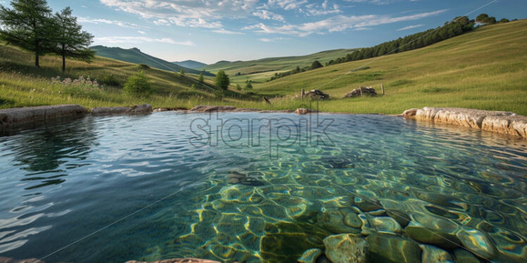 A rustic, countryside pool with crystal-clear water, nestled among rolling hills - Starpik Stock