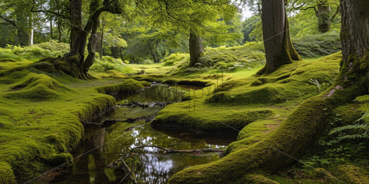 A scene in the moss-covered forest on the bank of a river - Starpik Stock