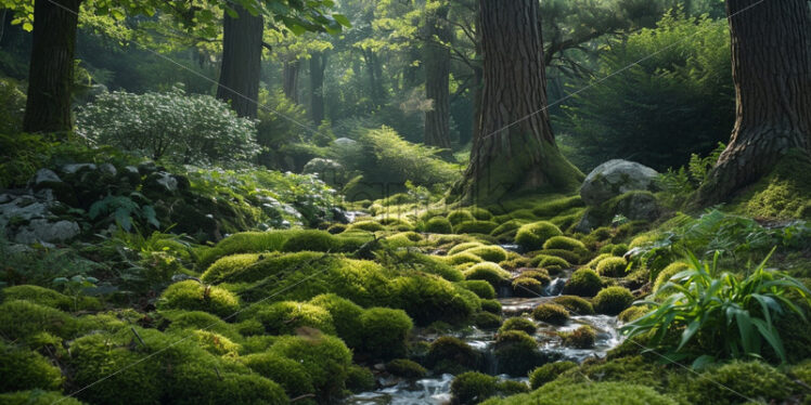 A scene in the moss-covered forest on the bank of a river - Starpik Stock