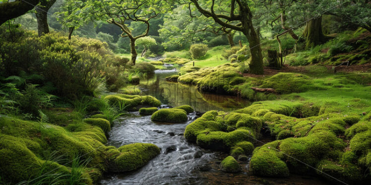 A scene in the moss-covered forest on the bank of a river - Starpik Stock