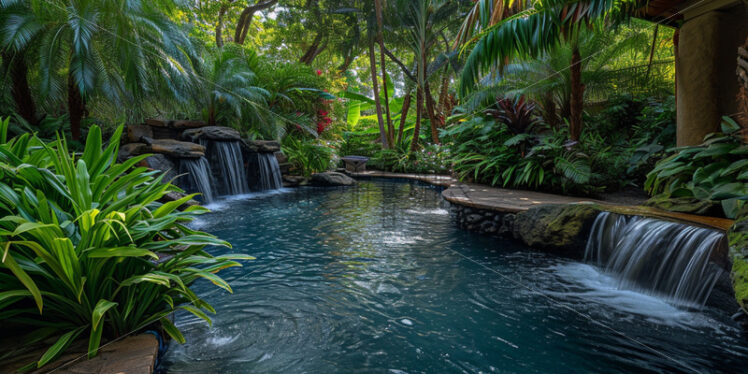 A serene backyard pool adorned with water features and surrounded by lush greenery - Starpik Stock