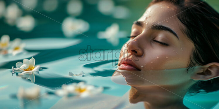 A serene image of a beautiful woman enjoying a spa day, submerged in a crystal-clear pool with floating flower petals - Starpik Stock