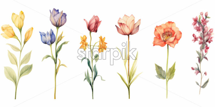 A set of flowers painted in oil on a white background - Starpik Stock